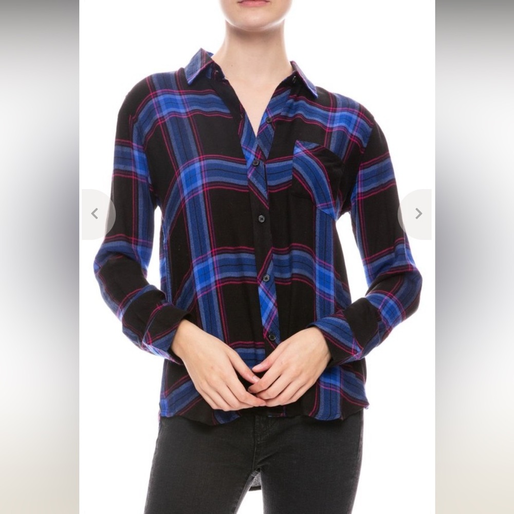 Rails Flannel Button Up Navy Cobalt Pink Long Sleeve High Low Hem Shirt S